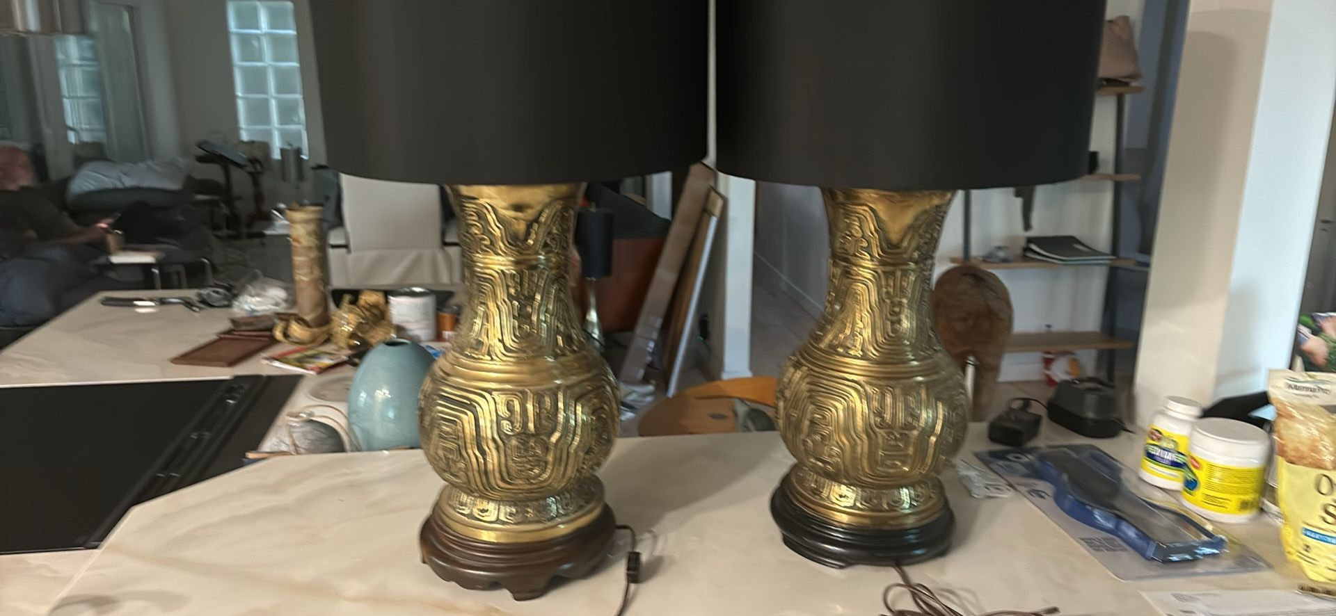 Antique Heavy Chinese Brass Lamps.