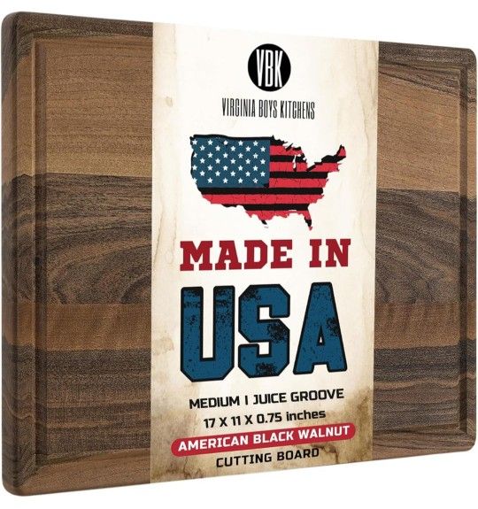 Made in USA Black Walnut Wood Cutting Board by Virginia Boys Kitchens - Butcher Block Wooden Carving Board with Juice Well made from Sustainable Hardw