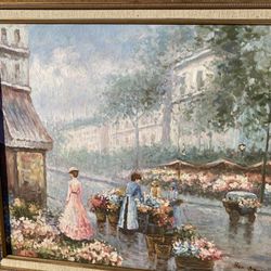 RON SELLDON Signed & Framed Oil on Canvas, Women’s shopping Paris Flower Market 20X30