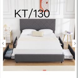 Queen Size Platform Bed Frame with Adjustable Headboard and 4 Storage Drawers, Upholstered Platform Bed Frame with Wooden Slats Support/No Box Spring 