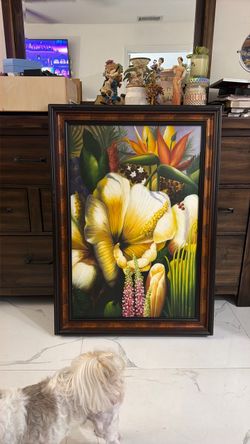 Large Framed Tropical Floral Painting
