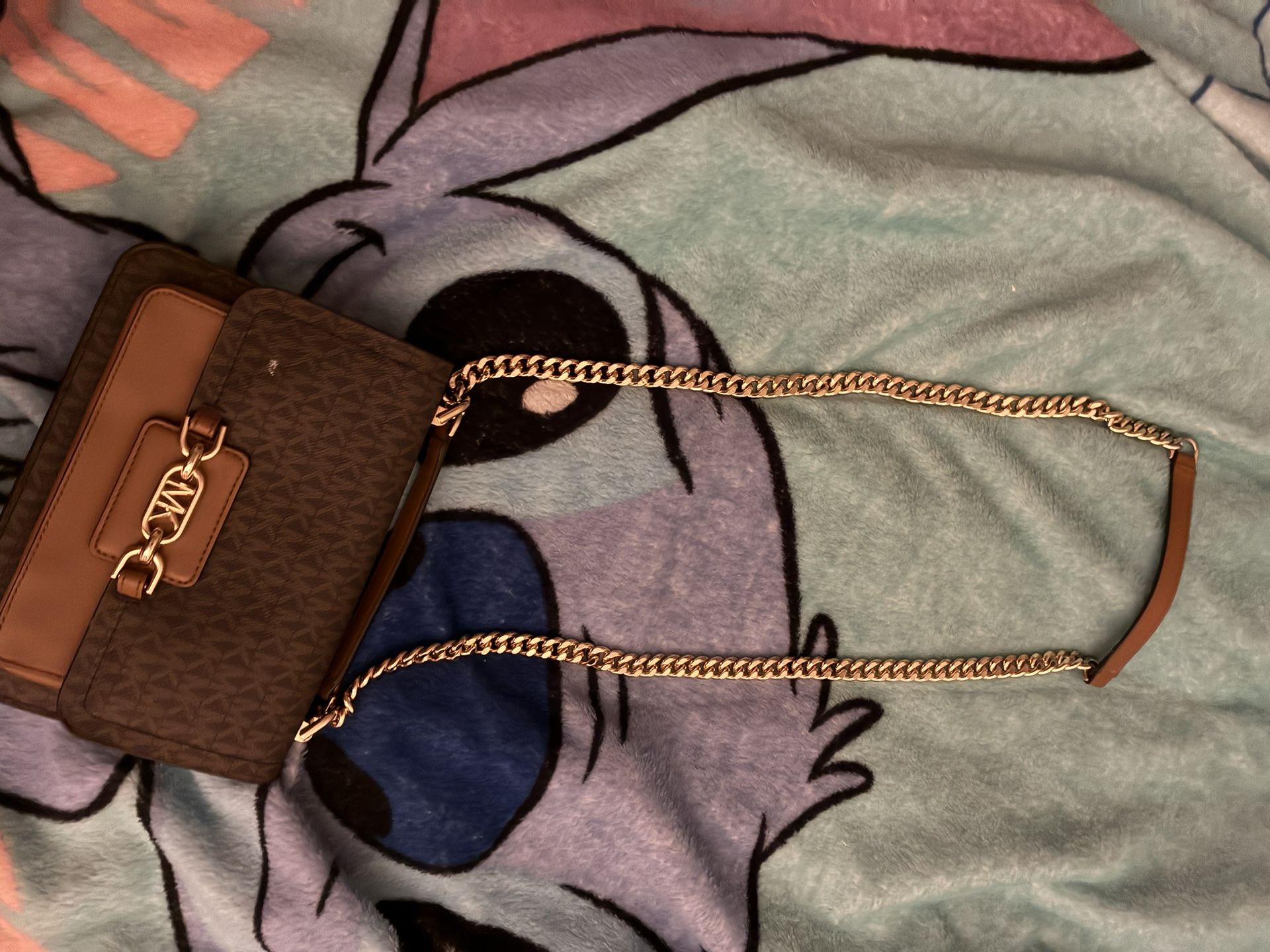 Michael Kors Brown Logo Shoulder Bag Chain Strap Gold Hardware Magnetic Snap