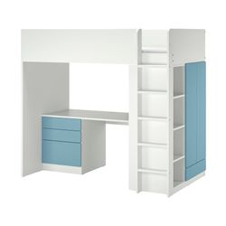 SMÅSTAD
Loft bed, white blue/with desk with 4 drawers, Twin