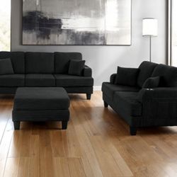 Brand New Black Corduroy Sofa & Loveseat w Ottoman 