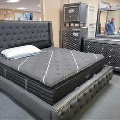 Dark Gray Upholstered Bedroom Set Queen or King Bed Dresser Nightstand Mirror Chest Options Giovani