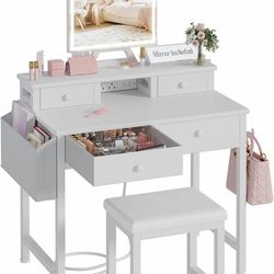 White Makeup Vanity Desk with Mirror and Lights, Vanity Set with Chair, Make Up Dresser Table with Drawers and Power Outlet for Girls Bedroom Small Sp