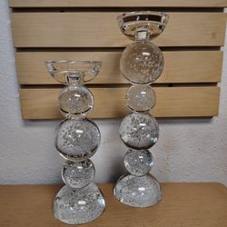 2pc Solid Glass Candle Holders set ( NEW ) bubbles. Clear. Round. Sphere. 10 & 13 inches.