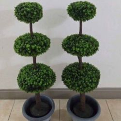 *** NEW LOW PRICE *** PAIR of 46" Faux 3-Ball Boxwood Topiaries in 12" Blue Circle Planters @ Lasting Creations