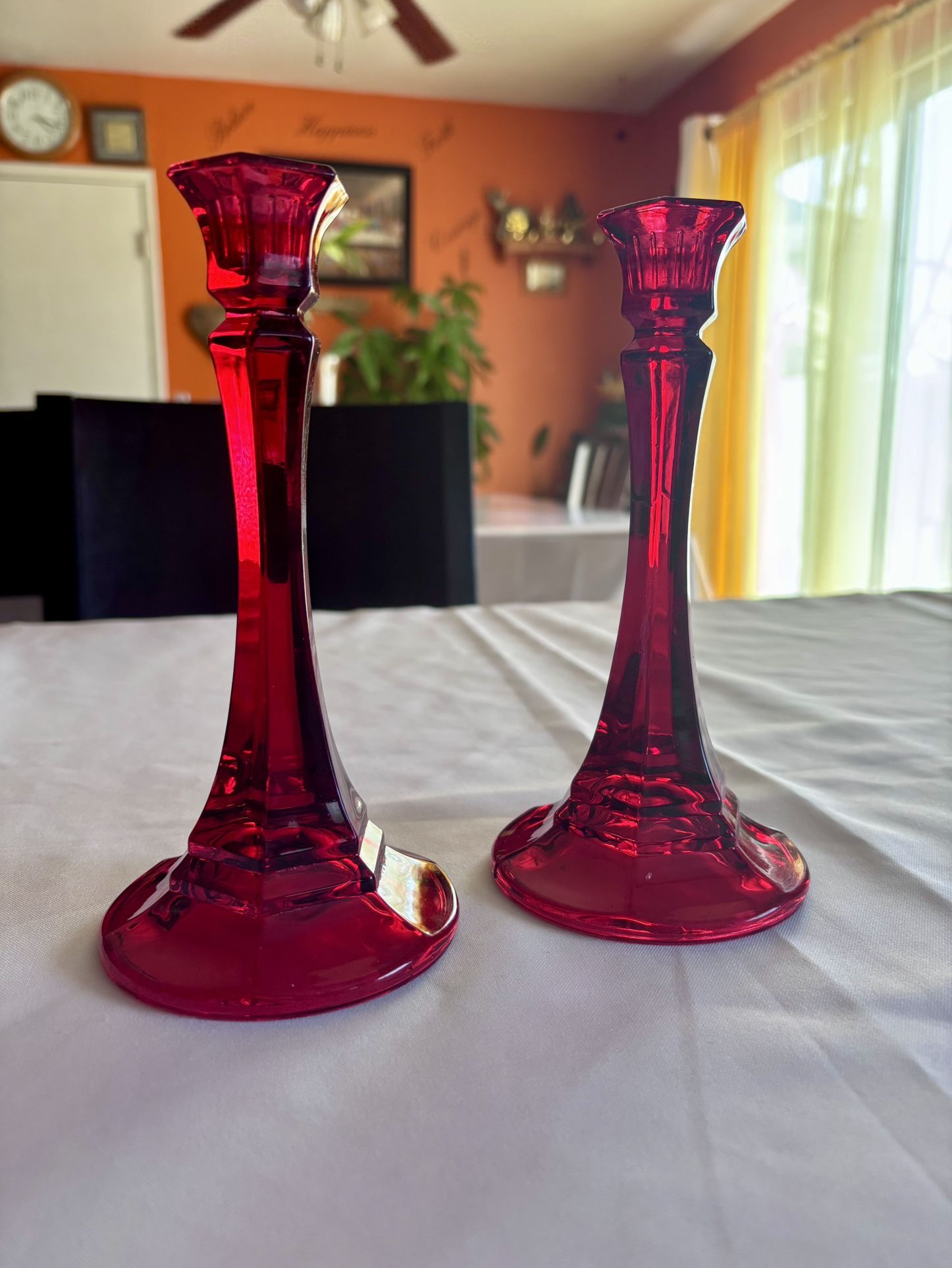 2 TALL VINTAGE RUBY RED GLASS CANDLES HOLDERS