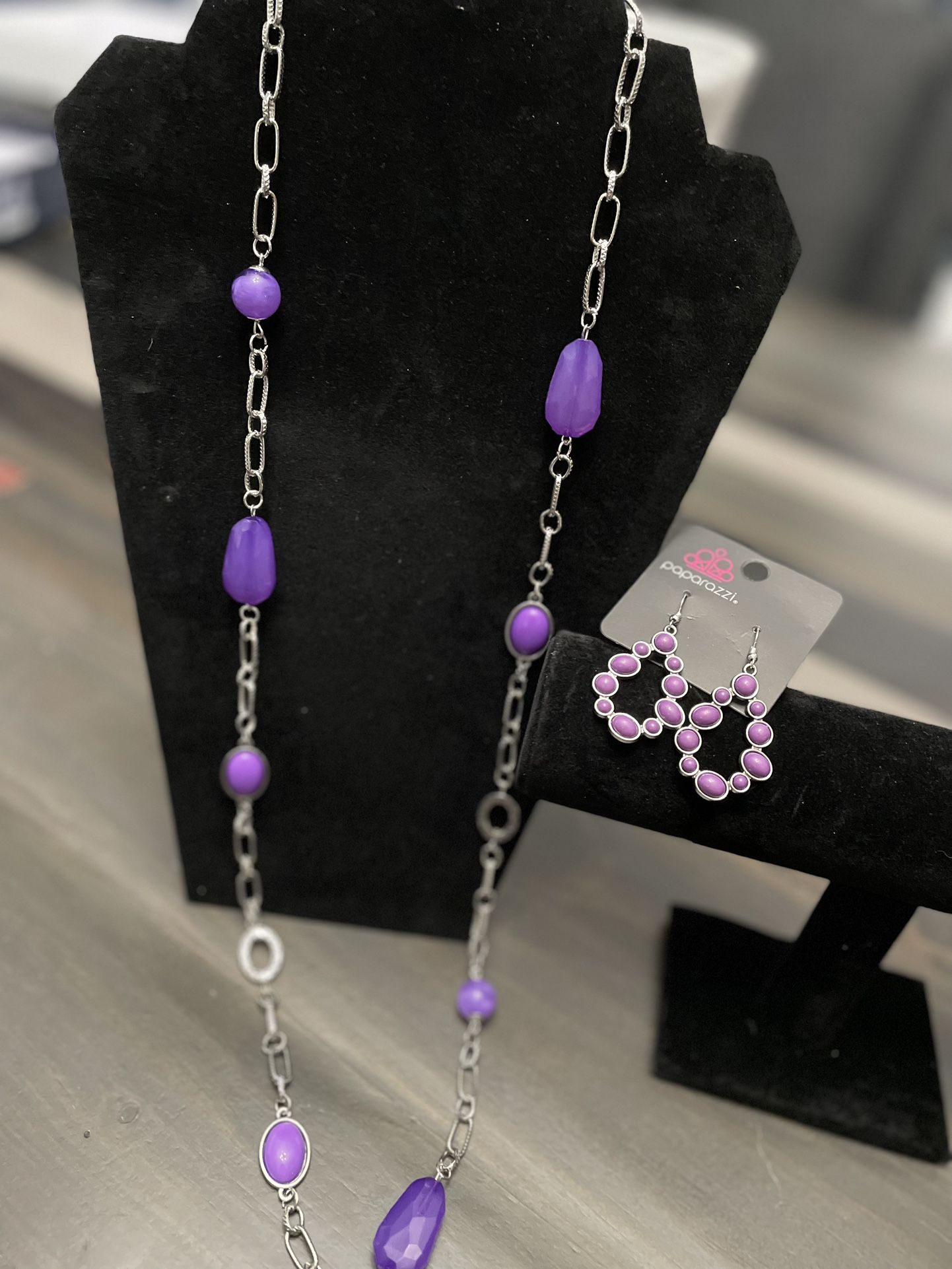 Purple Beaded, Long, Silver Chain, And Purple Chandelier Earrings (costume Jewelry)