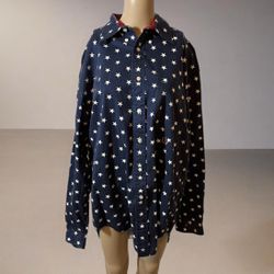 Tommy Hilfiger Dress Shirt Button Up Top Long Sleeve Stars Pattern Navy L