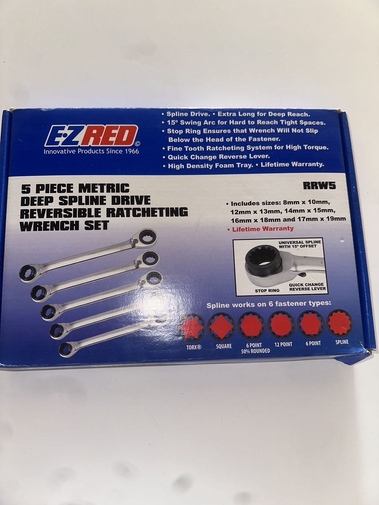 E-Z 5 Piece Metric Deep Spline Drive Reversible Ratcheting Wrench Set