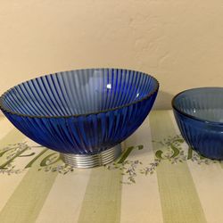 2 Vintage Cobalt Blue Ribbed Bowls 