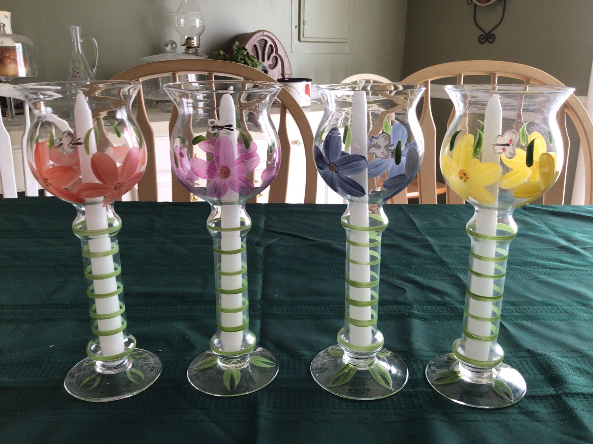 Four Beautiful Hand Painted Glass Candle Holders from Romania with 4 Taper Candles (New)