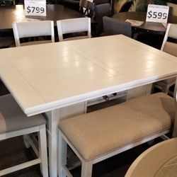Brand New White Counter High Dining Table Whit Shelves (60"×40"×36") + 4 Chairs + Bench
