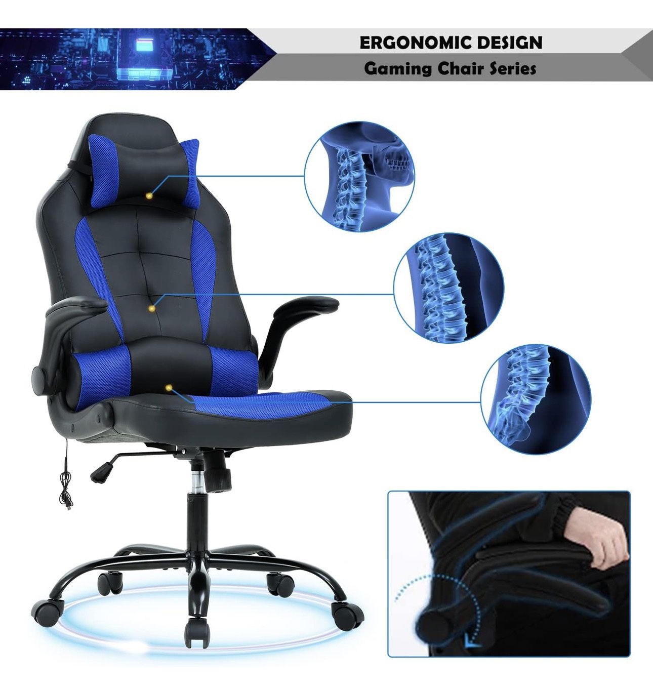 PC Gaming Chair Computer with Headrest Flip Up Arms,Ergonomic Massage Lumbar Support Game PU Leather Chairs High Back Rolling Racing Office for Adult