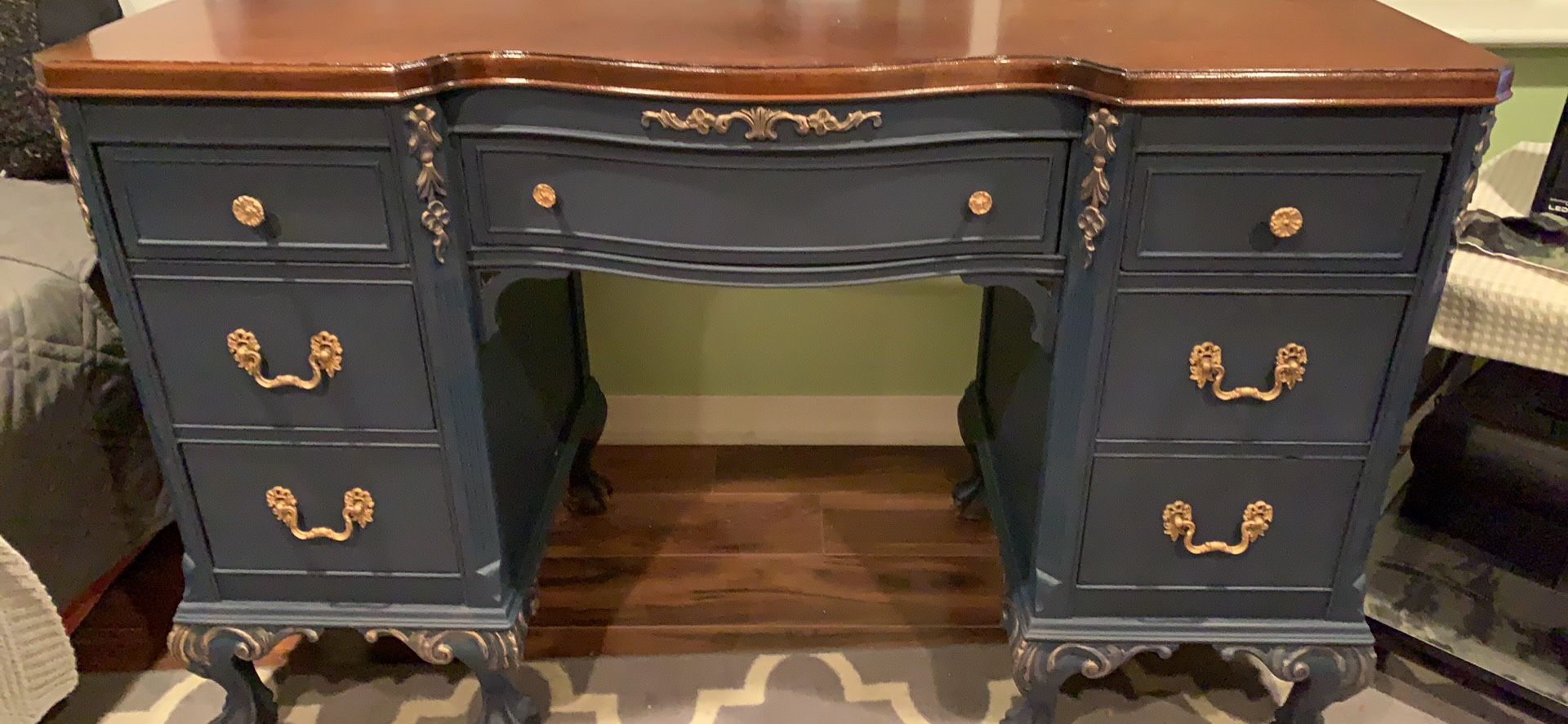 Refinished antique claw foot desk and chair navy blue