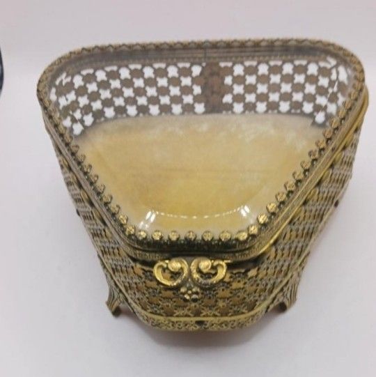 Vintage Beveled Glass Triangle Shape Gold Tone Filigree Ormolu Jewelry Box