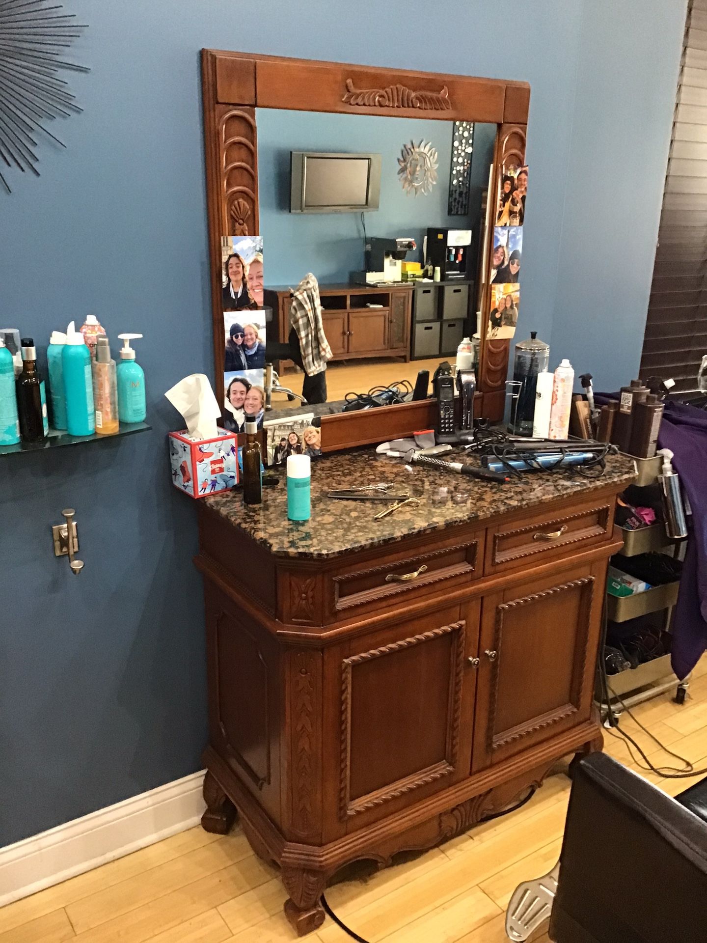 TWO HAIR SALON STATIONS WITH MIRRORS