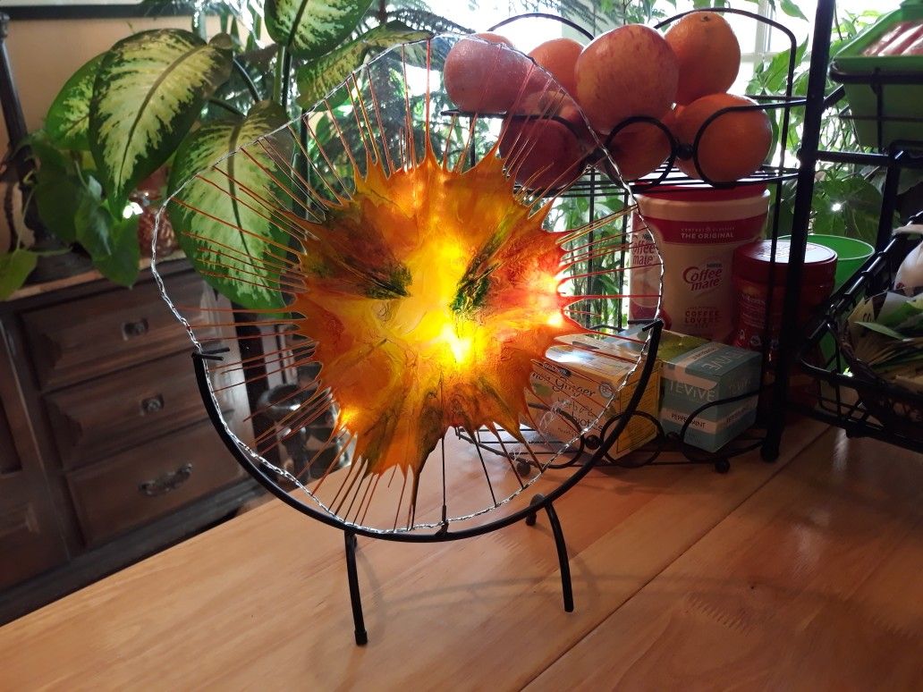 Signed Dennis DeBon Art Glass Sculpture With Metal Display Stand