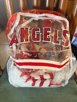 Clear Anaheim Angles backpack with collectibles