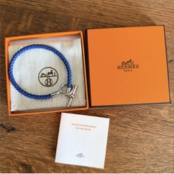 Hermès Glenan Bleu Cuir Tressé Bracelet Palladium Hardware Full Set