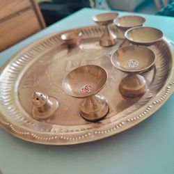 Brass Puja Thali Set with Bowls - Copper Tone Swastika Motif