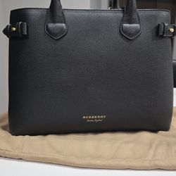 BURBERRY Nova Check Banner Bag Black Calf Leather Tote Handbag