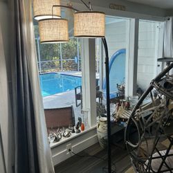 Hampton Bay 78-inch H 3-Light Black Arched Floor Lamp with Drum Fabric Beige Shades and Adjustable Arms