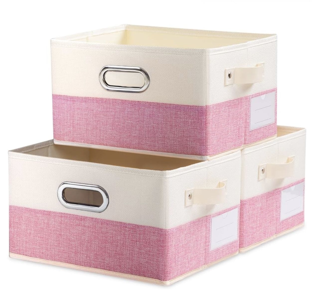 Fodable Storage Bins for Closet [3-Pack] Decorative Fabric Storage Baskets Cubes with Leather/Metal Handles for Shelves Bedroom Living Room Pink&Cream