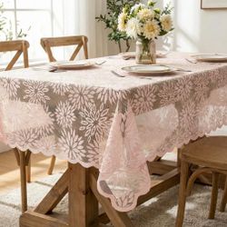 Horaldaily Pink Lace Tablecloth 60×84 Inch Rectangular, Embroidered Dahlia Table Cover, Vintage Wedding Decorations For Dinner Party, Baby Shower, Tea