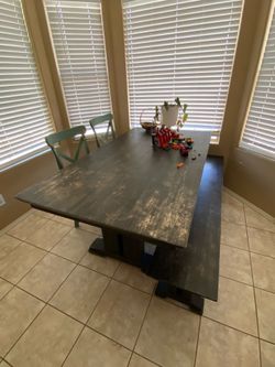 Table, bench, two chairs