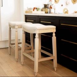 Set of 2 Bar Stools Beige 28.5" Saddle Backless Premium Padded Indoor/Outdoor Nailhead Cushion Kitchen Counter Chairs Pub Seat Foot Rest

 