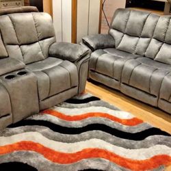 Holiday sale. Barcelona, soft, gray reclining sofa and loveseat set only $1299. Easy finance option. Same-day delivery.