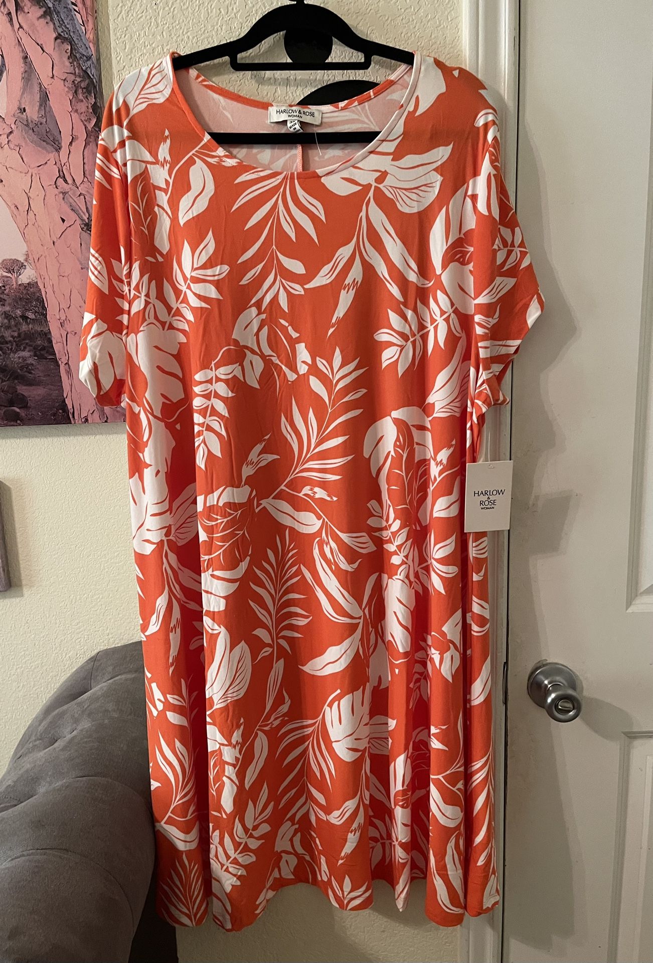 Plus Size Womens Orange and White Leaf Print midi Dress size 3X NEW