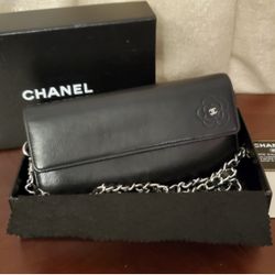 Authentic CHANEL Black Leather Camillia Wallet on Chain
