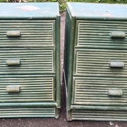 Pair of Vintage 3 Drawer Coastal Seafoam Green Rattan Dressers with Distressed Finish