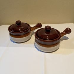 2 Vintage Brown & Tan Stoneware Soup Bowls With Handles & Lids