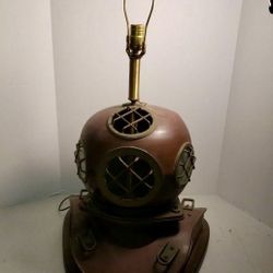 Vintage heavy copper nautical scuba Divers Helmet Lamp with Brass Accents on Wooden Base 