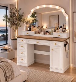 🔥 new Farmhouse Makeup Vanity Desk with Mirror and Lights, 47'' with 8 drawers  L-12
