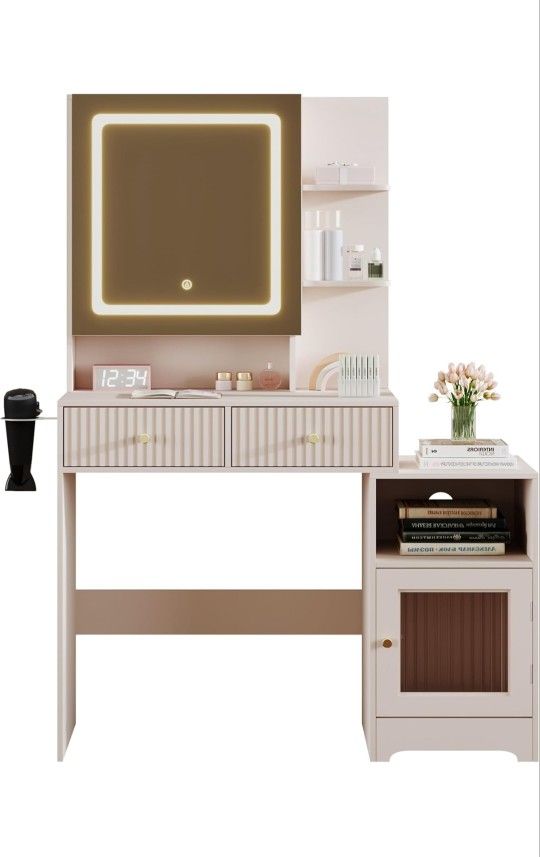 Pink Vanity Desk with Mirror and Light