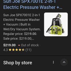 Sun Joe 2 In 1 Pressure Washer / Wet Dry Vacuum 