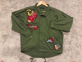 Zara Women's Khaki Green Bomber Jacket with Sequin Tropical Patches Size:M