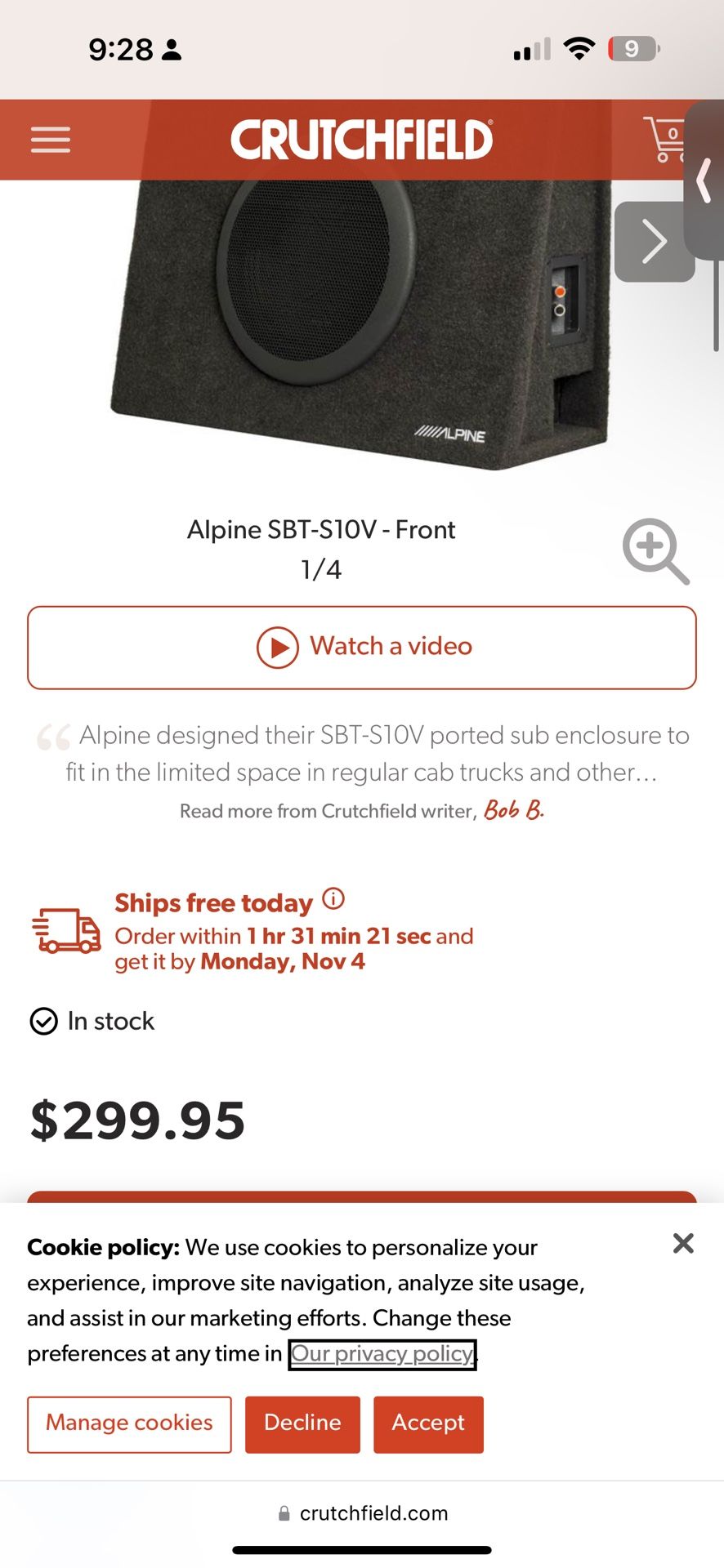 Alpine 10 Inch Sub Truck Box Moving Sale $80