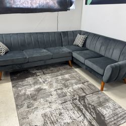 Silver Sectional With Pillows Wooden Frame