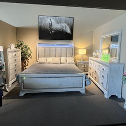 Grey King Bed, Dresser, Mirror And One Nightstand
