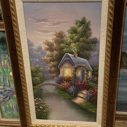 Wooden Framed Original Canvas Painting Cottage Pastel Colors