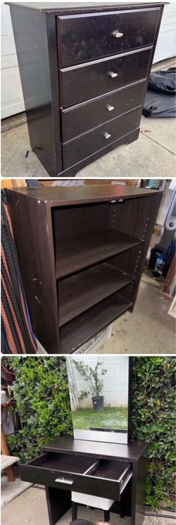 3 pieces brown  Bedroom set  1 dresser with 4 drawers, vanity w/stool and bookshelf