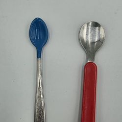 2 Vtg The First Years Baby Spoons Silicone  Melamine Stainless Steel Red & Blue