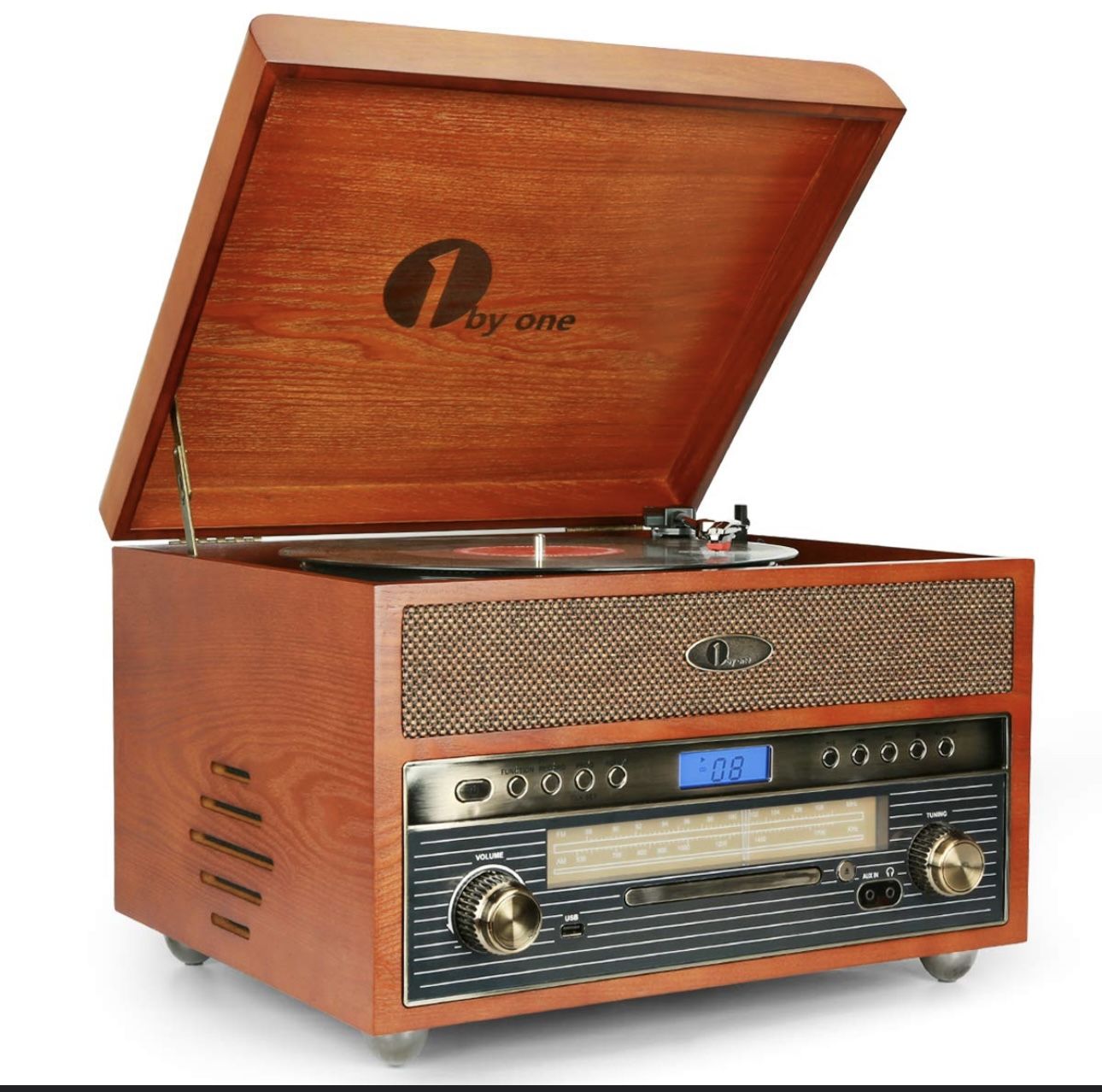 Ibyone Wooden Turntable Record Cd Player Bluetooth USB